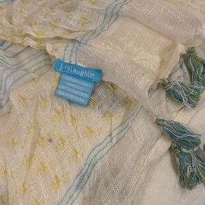 J. McLaughlin Cream and Blue Scarf with Tassels